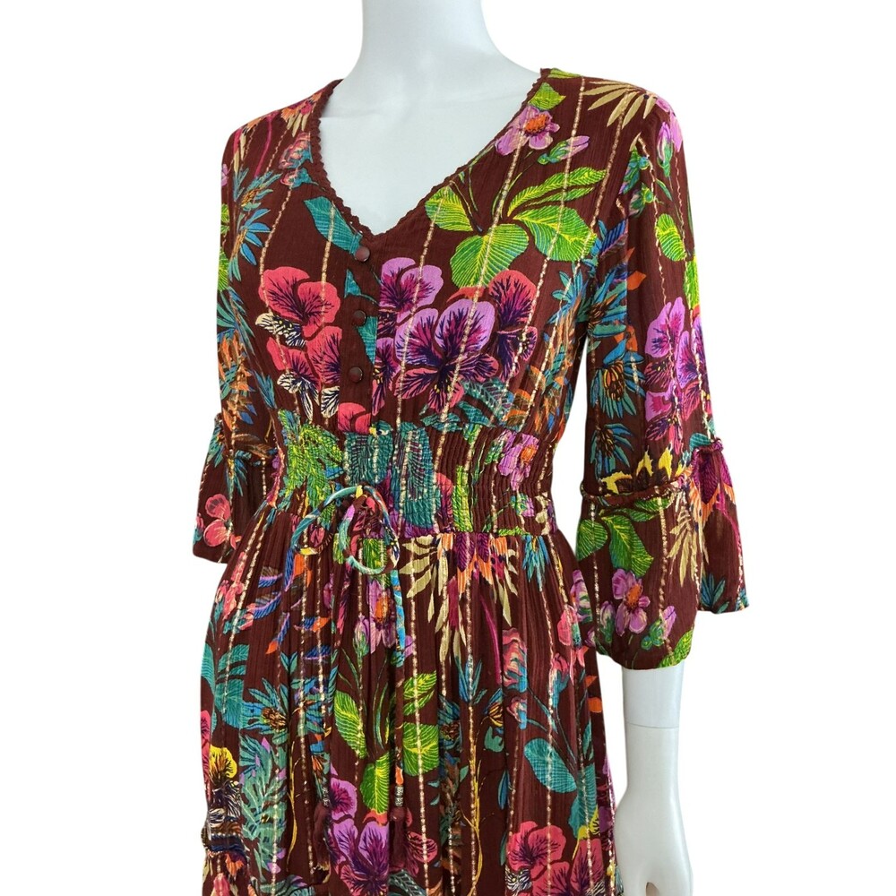 Me 2 Magic Anthropologie Maxi Dress S Floral Gold Stripe Fairy Whimsigoth  BOHO - Picture 3 of 14